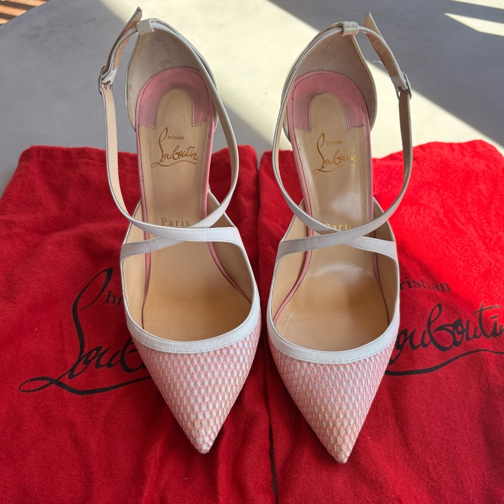 Christian Louboutin Crissos 100 Dolly Pink Fishnet Stiletto Heel Strappy 10 - 40